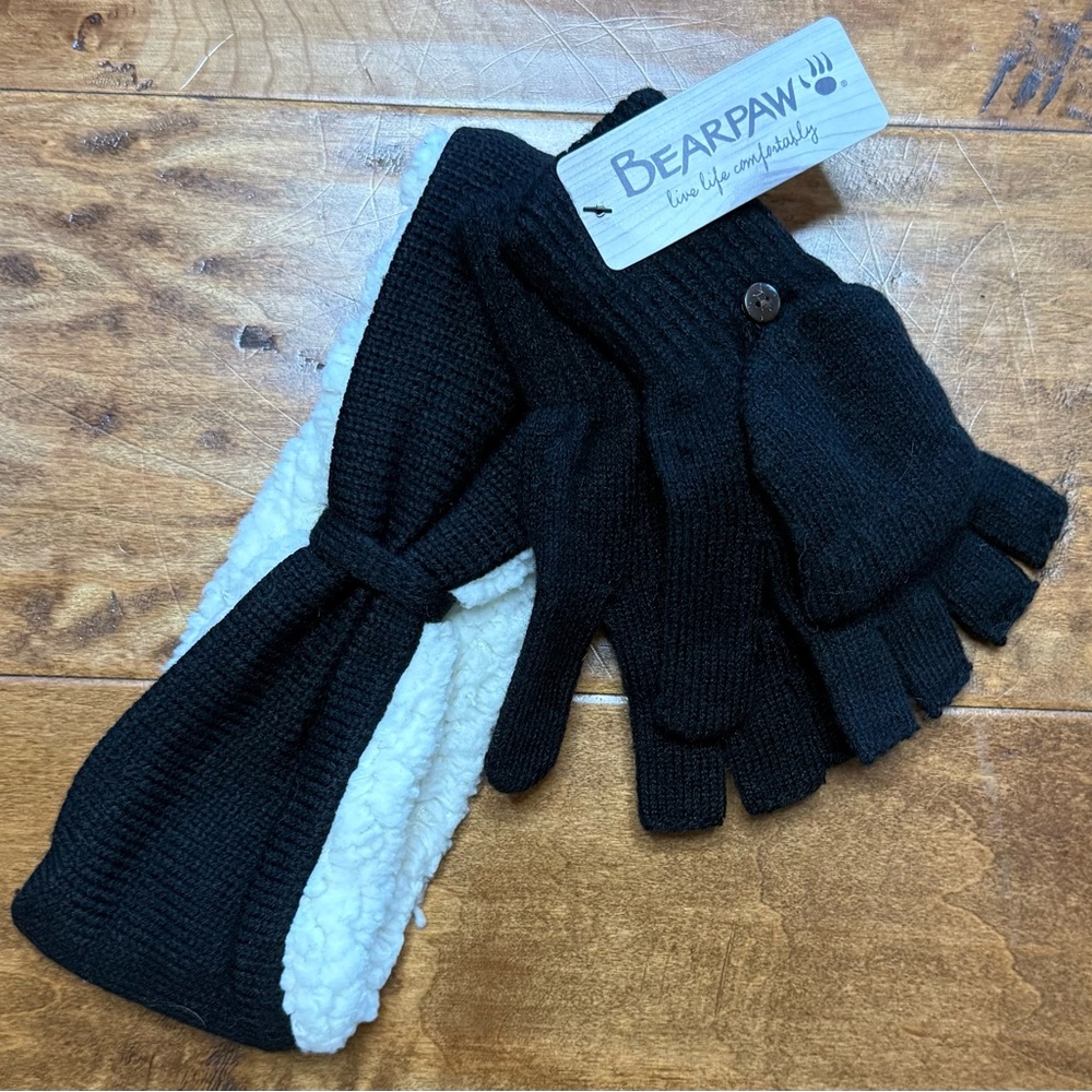 Bearpaw Black Gloves & Sherpa Lined Headband Set NWT Cozy Winter